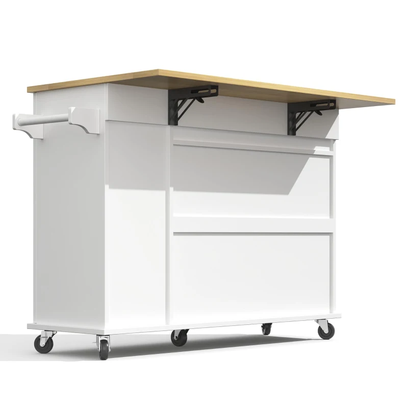 Sleek Kitchen Trolley with Drop Leaf and Pull-Out Organiser, Mobile Kitchen Island with Lockable Castors, 120L x 40W x 90H cm, White+Natural