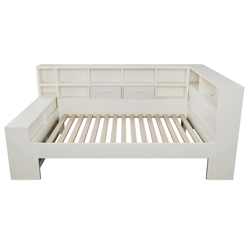 Practical Platform Bed with USB, Type-C Charging Ports and Bookcase, L-Shaped Bed with Triple-Side Storage, 234L x 116W x 90H cm, White