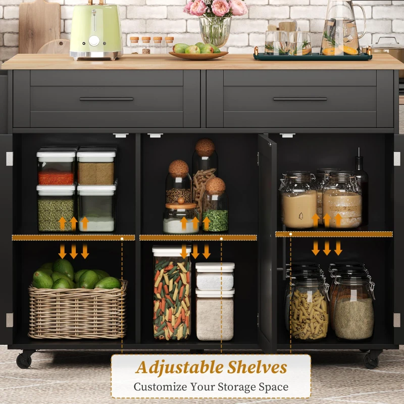Sleek Kitchen Trolley with 2 Drawers and Cabinets, Mobile Kitchen Island with Foldable Tabletop, 129L x 46W x 91.5H cm, Black+Natural