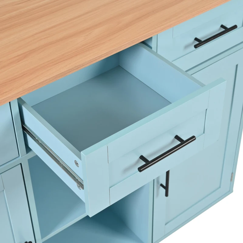 Stylish Kitchen Trolley with Foldable Wood-Grain Countertop, Versatile Buffet with Interchangeable Wheels, 139L x 46W x 91H cm, Blue