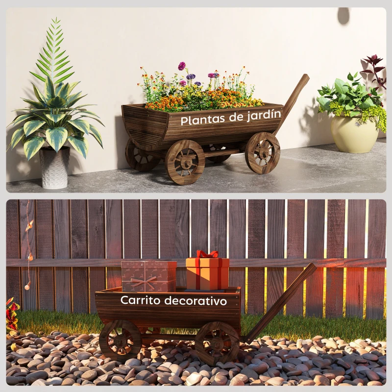 Outsunny Cărucior din lemn cu 4 roți și mâner Jardinieră exterioară cu orificiu de drenaj 115x40x54,5 cm Carbonizat