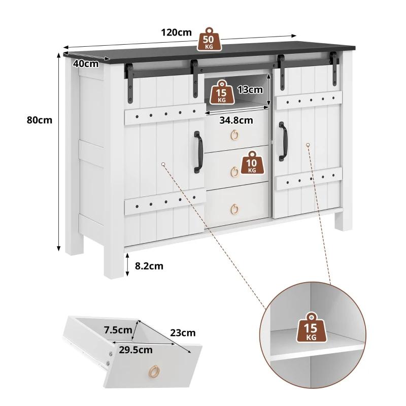 Versatile Sideboard with 3 Drawers and Quiet Sliding Doors, Rustic Buffet Cabinet for Kitchen, Dining Areas, 120L x 40W x 80H cm, White