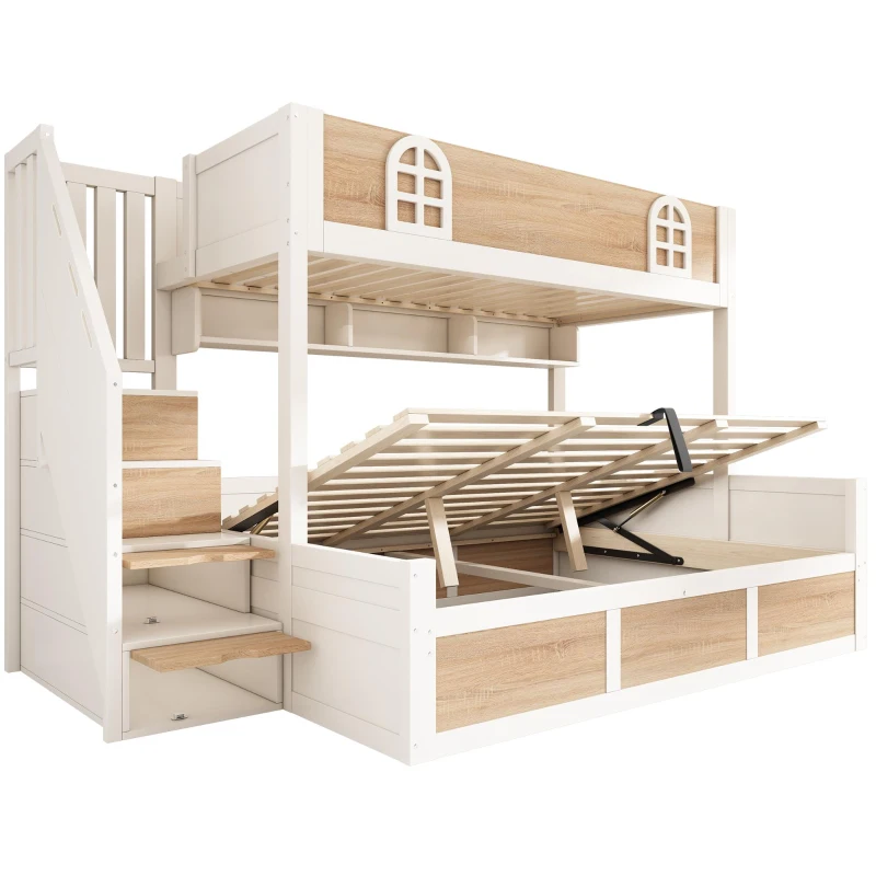 Cabin-Style Bunk Bed with Staircase Storage Cube & Hanging Baskets, Hydraulic-Lift Bed for Children, 244L x 140W x 155H cm, Natural+White