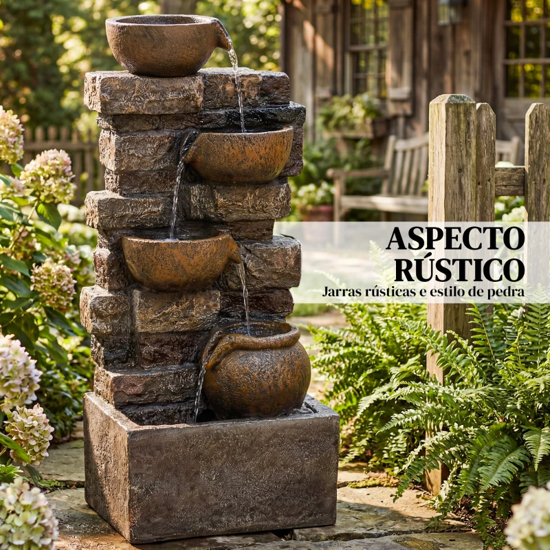 Outsunny Fonte de Jardim com Iluminação LED e Bomba, Fonte Decorativa em Cascata de 5 Níveis, Fluxo Ajustável, Castanho Rústico