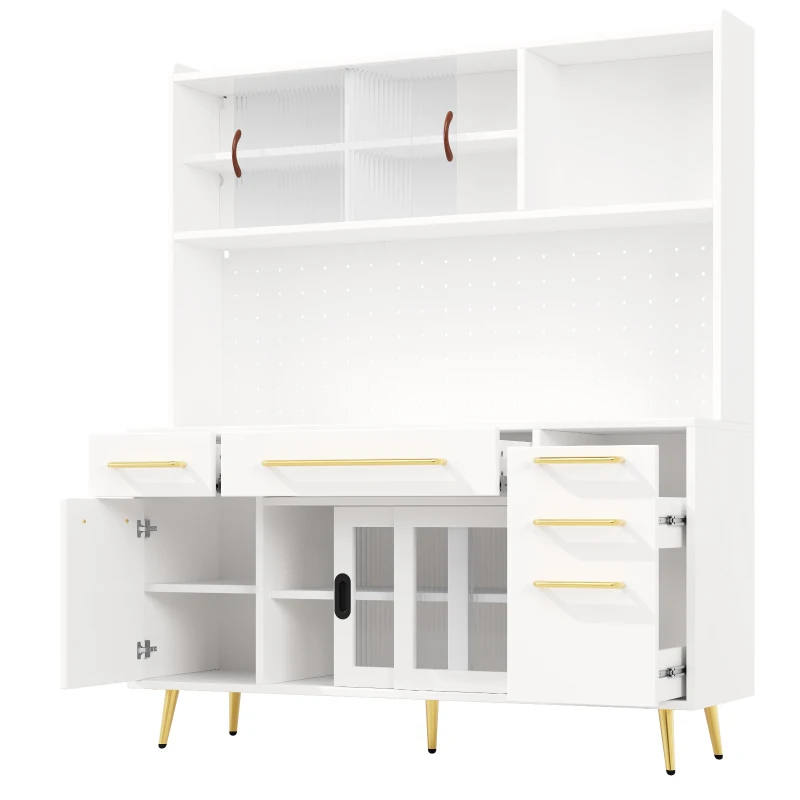 Trendy Sideboard with App-Controlled LED and MDF Pegboard, Tall Storage Cabinet with Sliding Door, 45L x 39W x 171H cm, White