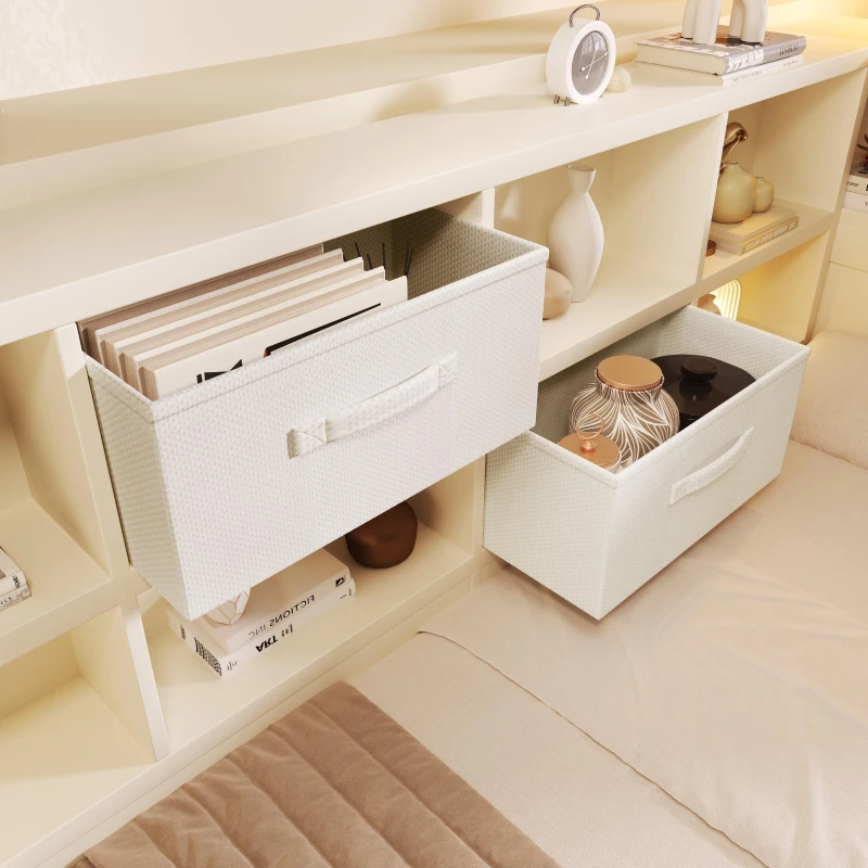 Practical Platform Bed with USB, Type-C Charging Ports and Bookcase, L-Shaped Bed with Triple-Side Storage, 234L x 116W x 90H cm, White