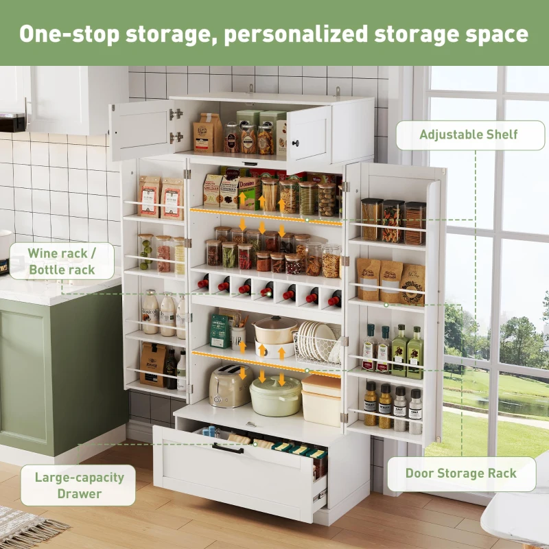 Spacious Kitchen Cabinet with a Drawer, 2 Adjustable Shelves, Multifunctional Pantry for Dining and Living Areas, 80L x 40W x 180H cm, White