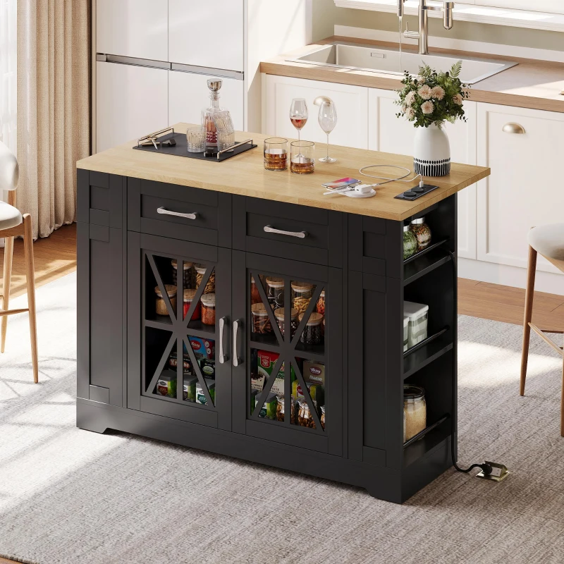 Mobile Kitchen Island with Foldable Tabletop and Sockets, Storage Buffet with Adjustable Shelves, 120L x 65W x 92H cm, Black+Natural
