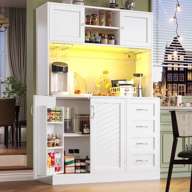 Trendy Sideboard with App-Controlled LED, Snack Rack and Drink Holders, Spacious Buffet with Anti-Tip Fixings, 120L x 40W x 188H cm, White