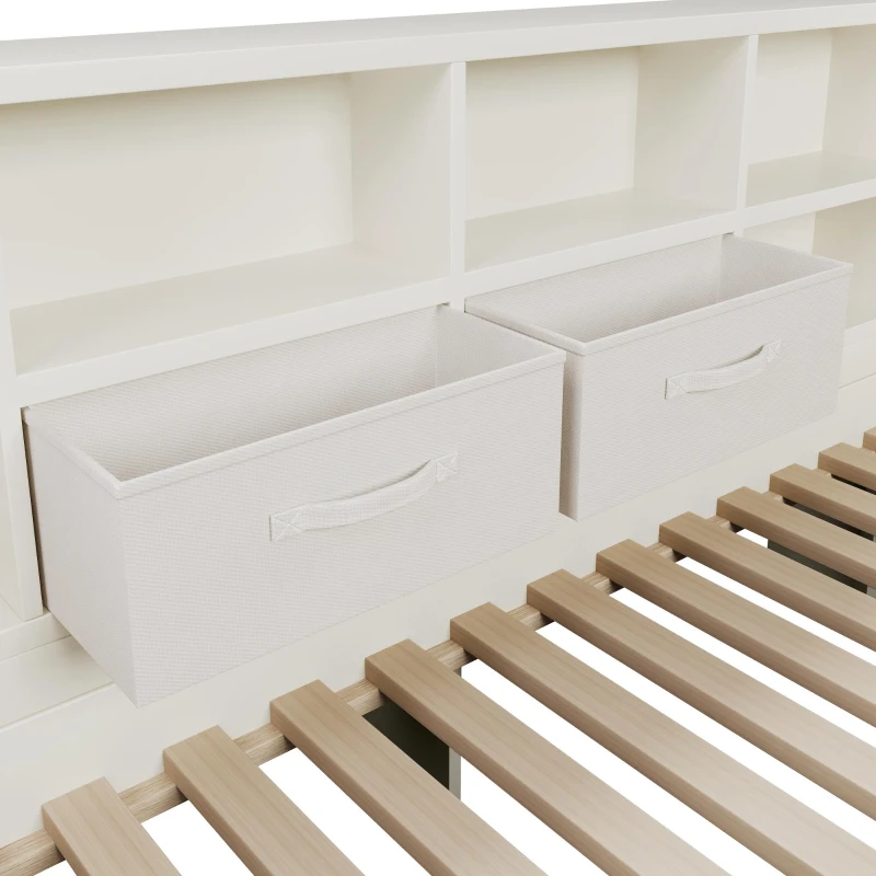 Practical Platform Bed with USB, Type-C Charging Ports and Bookcase, L-Shaped Bed with Triple-Side Storage, 234L x 116W x 90H cm, White