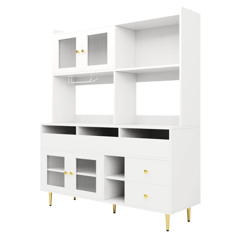 Multifunctional Sideboard with Changhong Glass Door and Glass Holder, Spacious Buffet with Multiple Drawers, 145L x 39W x 171H cm, White