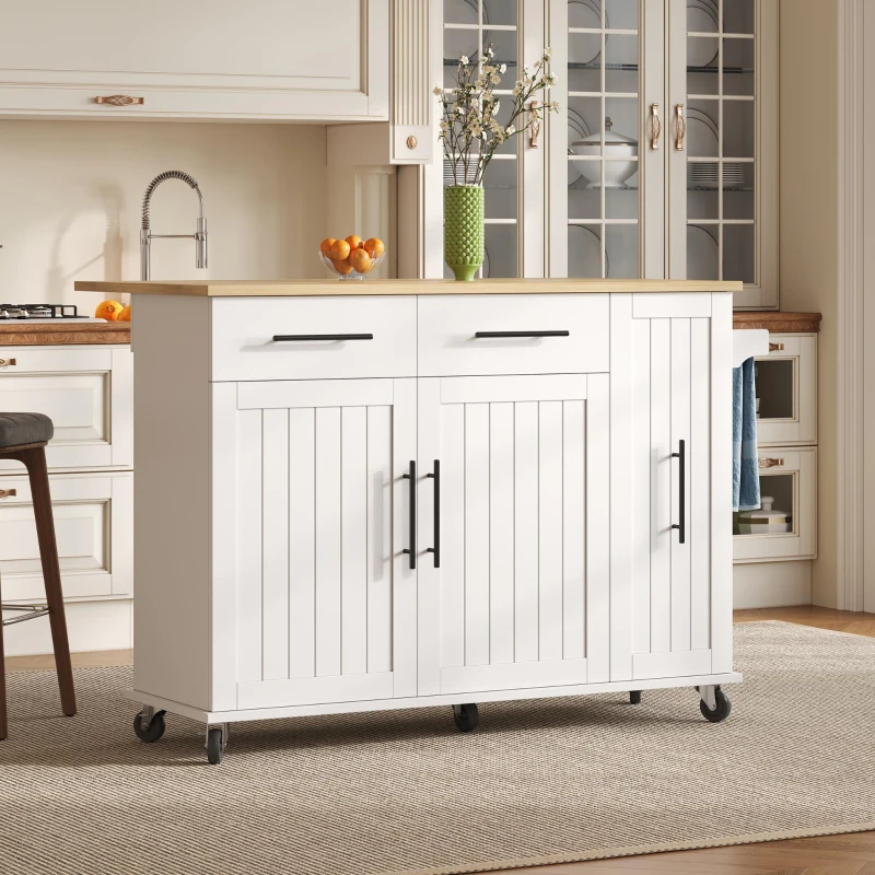 Sleek Kitchen Trolley with Drop Leaf and Pull-Out Organiser, Mobile Kitchen Island with Lockable Castors, 120L x 40W x 90H cm, White+Natural