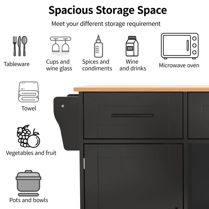 Stylish Kitchen Trolley with Foldable Wood-Grain Countertop, Versatile Buffet with Interchangeable Wheels, 139L x 46W x 91H cm, Black+Natural