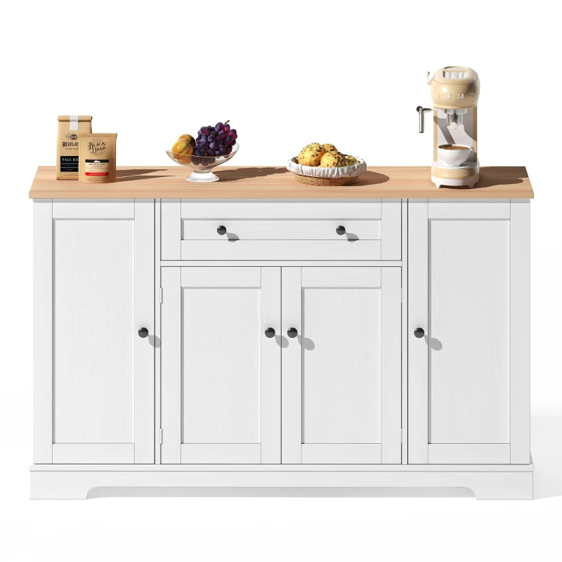 Multifunctional Kitchen Sideboard with Double-Door Compartment, Spacious Cabinet with Adjustable Shelves, 138L x 40W x 85H cm, Natural+White