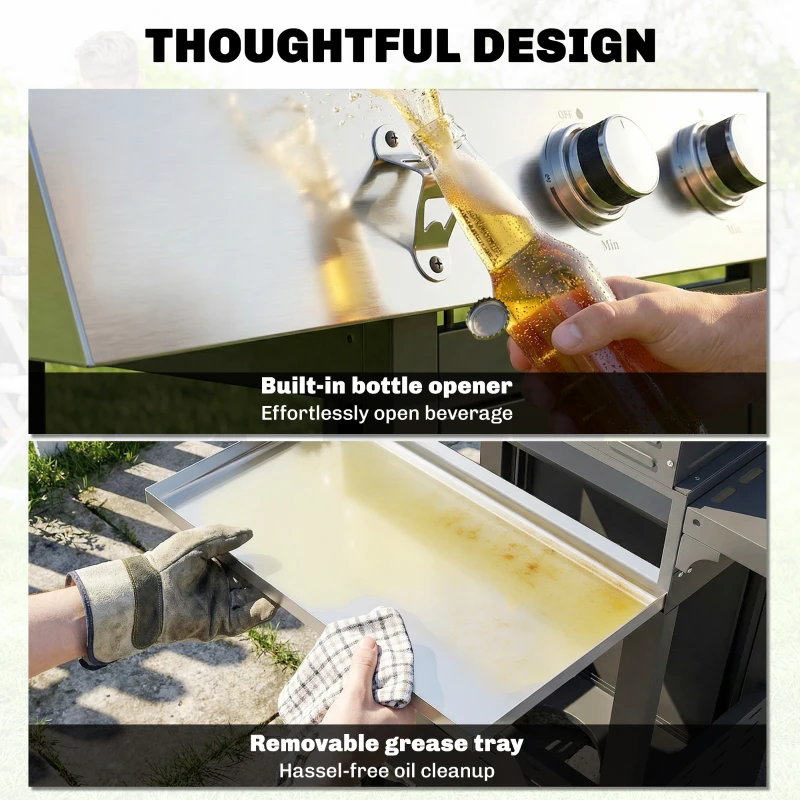 Outsunny Churrasqueira a Gás 10,5 kW 3+1 Queimadores Carrinho BBQ em Aço Inoxidável incl. Queimador Lateral Abre‑garrafas Termómetro Grelha de Ferro Fundido