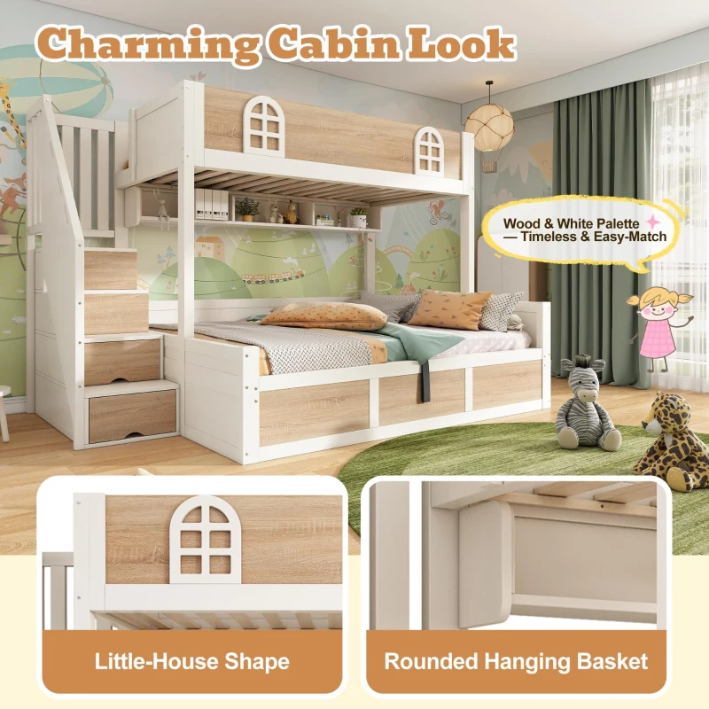 Cabin-Style Bunk Bed with Staircase Storage Cube & Hanging Baskets, Hydraulic-Lift Bed for Children, 244L x 140W x 155H cm, Natural+White