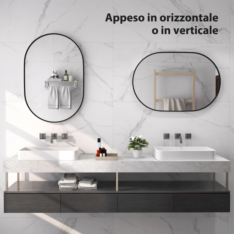 HOMCOM Specchio Bagno Ovale da Parete con Cornice in Alluminio, Verticale o Orizzontale, 60x90cm, Nero