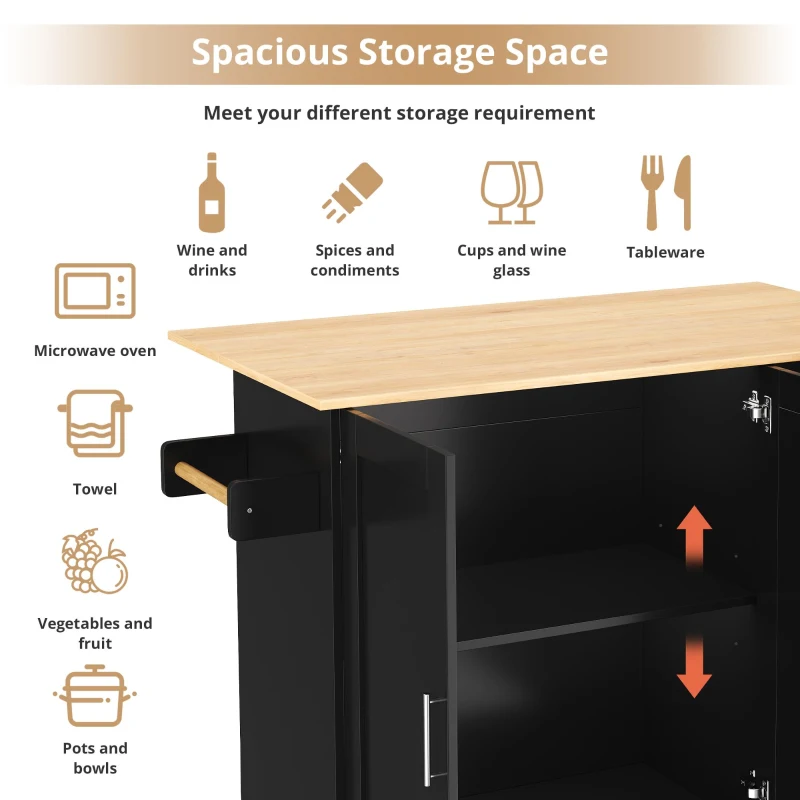 Versatile Kitchen Island with 3 Drawers and 2-Door Cabinet, Space-Saving Rolling Trolley with Foldable Worktop, 135L x 70W x 90H cm, Black