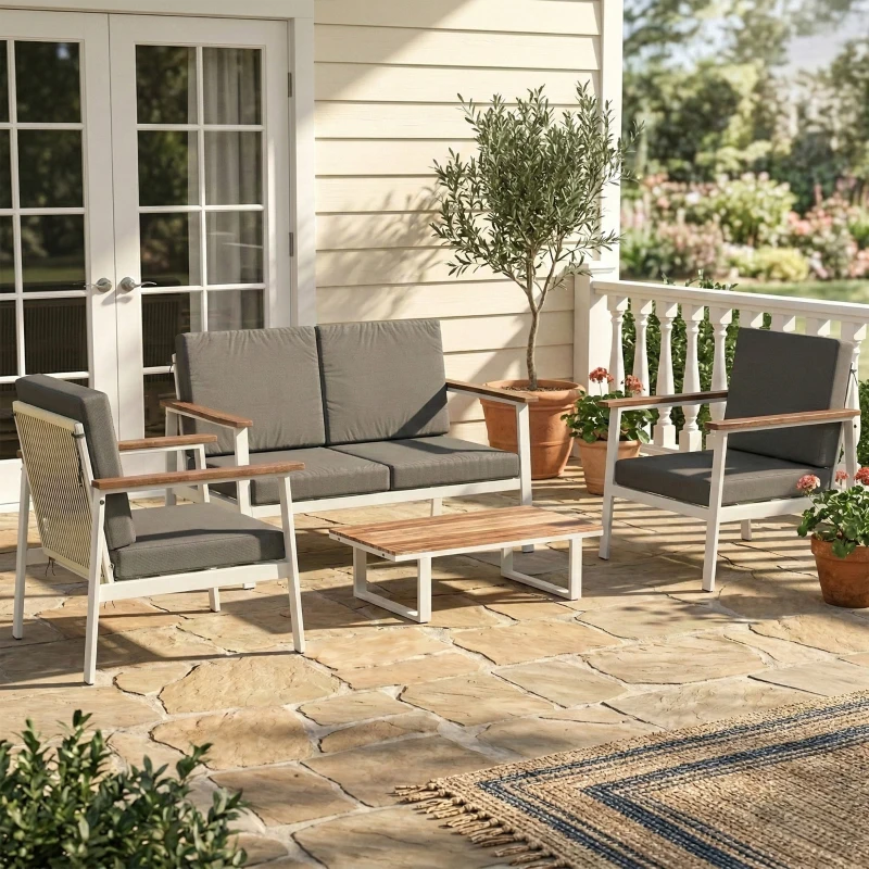Outsunny Conjunto de Sofás para Jardim 4 Pessoas 2 Poltronas Sofá Mesa Cinza