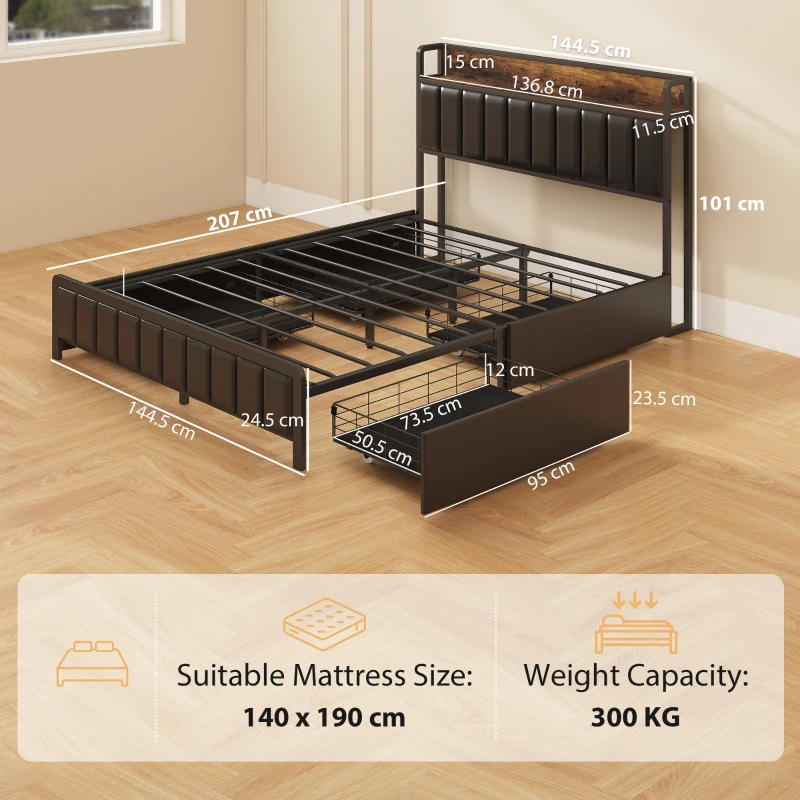 HOMCOM Cadru de pat 140 x 190 cm cu somieră cu lamele metalice, pat dublu căptușit cu 4 sertare și poliță, negru