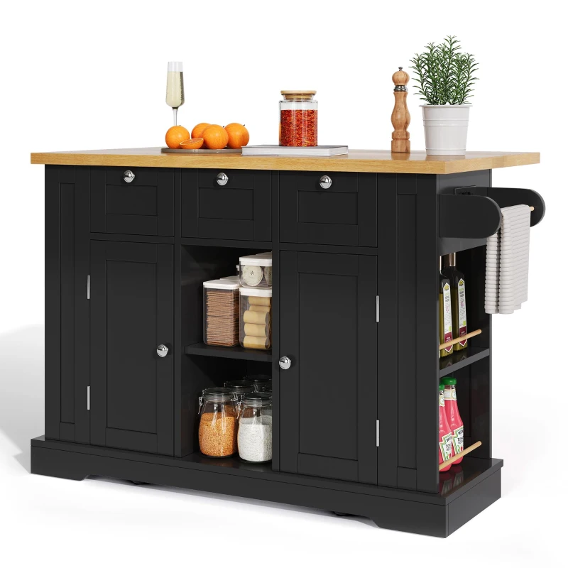Versatile Kitchen Island with 3 Drawers and 2‑Door Cupboards, Practical Trolley with Extendable Worktop, 132L x 70W x 87H cm, Natural+Black