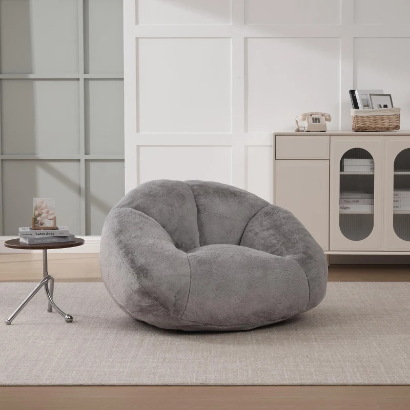 Shell-Shaped Sofa with High-Rebound Foam and Ergonomic Lumbar Support, Giant Sofa with Faux Fur, 100L x 90W x 57H cm, Light Gray