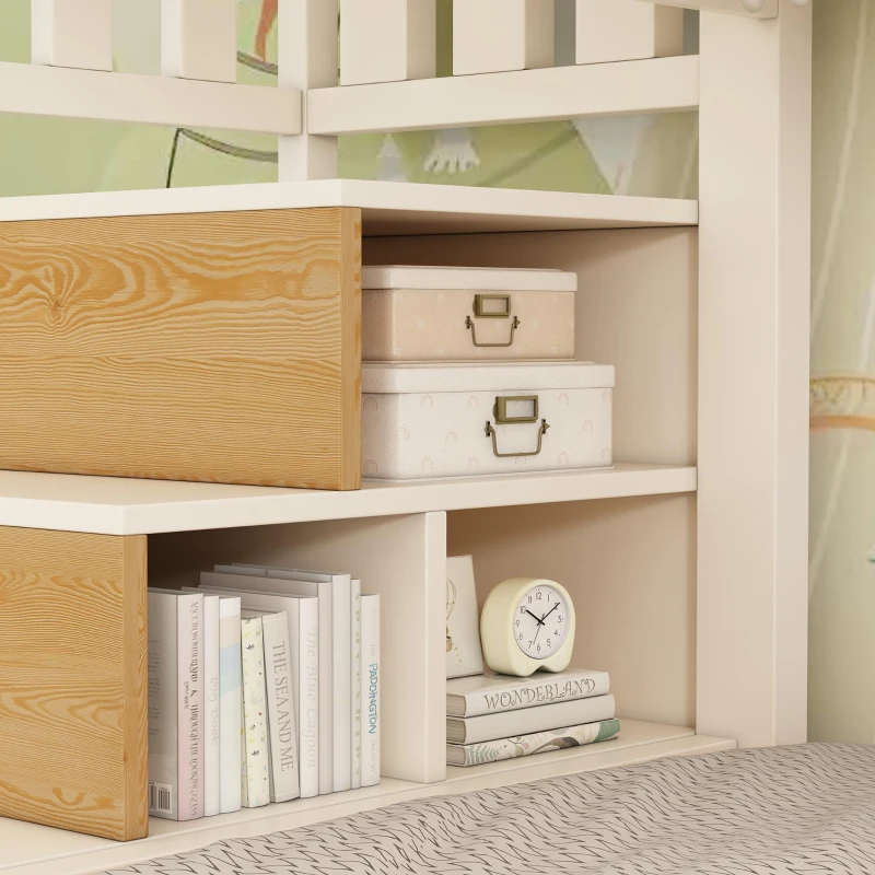 Cabin-Style Bunk Bed with Staircase Cabinet & Underbed Storage, Space-Saving Single Bed for Kids, 243L x 95W x 152H cm, Natural+White