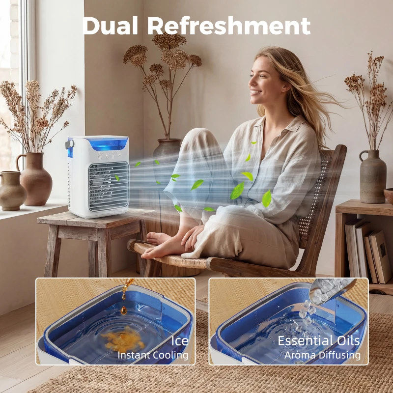 HOMCOM Desk Fan with Adjustable Head, 3-Speed Small Fan with 700ml Water Tank Grey