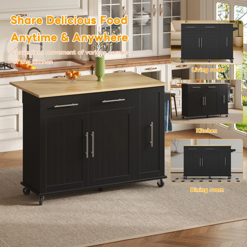 Sleek Kitchen Trolley with Drop Leaf and Pull-Out Organiser, Mobile Kitchen Island with Lockable Castors, 120L x 40W x 90H cm, Black+Natural