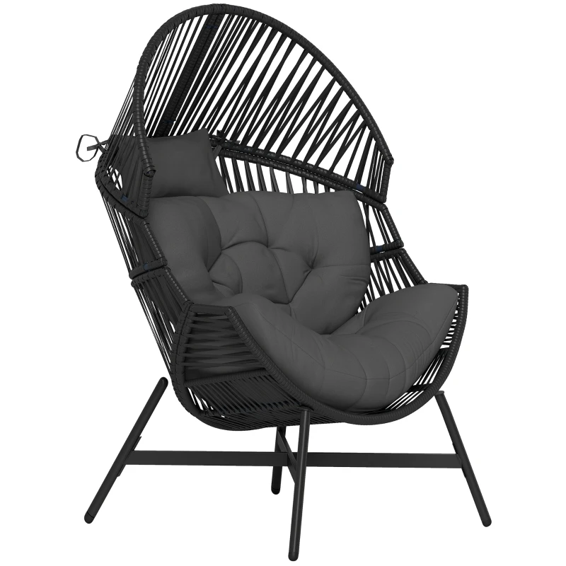 Outsunny Rattan Egg Chair, Oversized Freestanding Garden Egg Chair with Thick Tufted Cushion, Headrest, Steel Frame for Indoor and Outdoor Use, Charcoal Grey