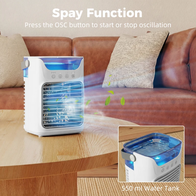 HOMCOM Desk Fan with Adjustable Head, 3-Speed Small Fan with 700ml Water Tank White