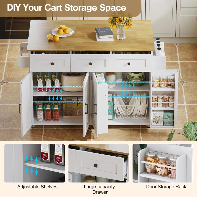 Practical Kitchen Island with 3 Drawers, Door-Mounted Shelf, Trendy Cart with Foldable Countertop, 140L x 70W x 90.5H cm, White+Natural