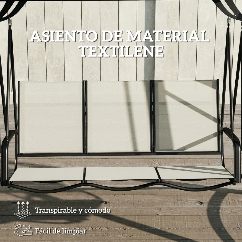 Outsunny Columpio de Jardín de 3 Plazas con Techo Ajustable UPF50+ Asiento Transpirable Carga 360 kg 188x130x183 cm Crema