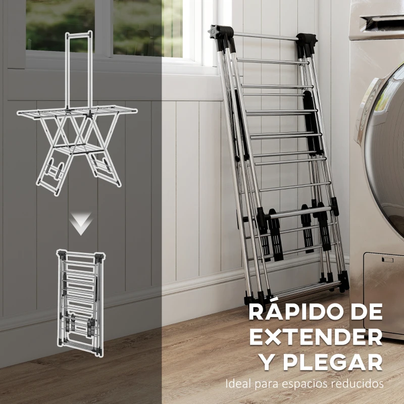 HOMCOM Tendedero Vertical Plegable con Alas Ajustables 4 Soportes para Calzado Barra y Estante 139x62,5x201 cm Plata