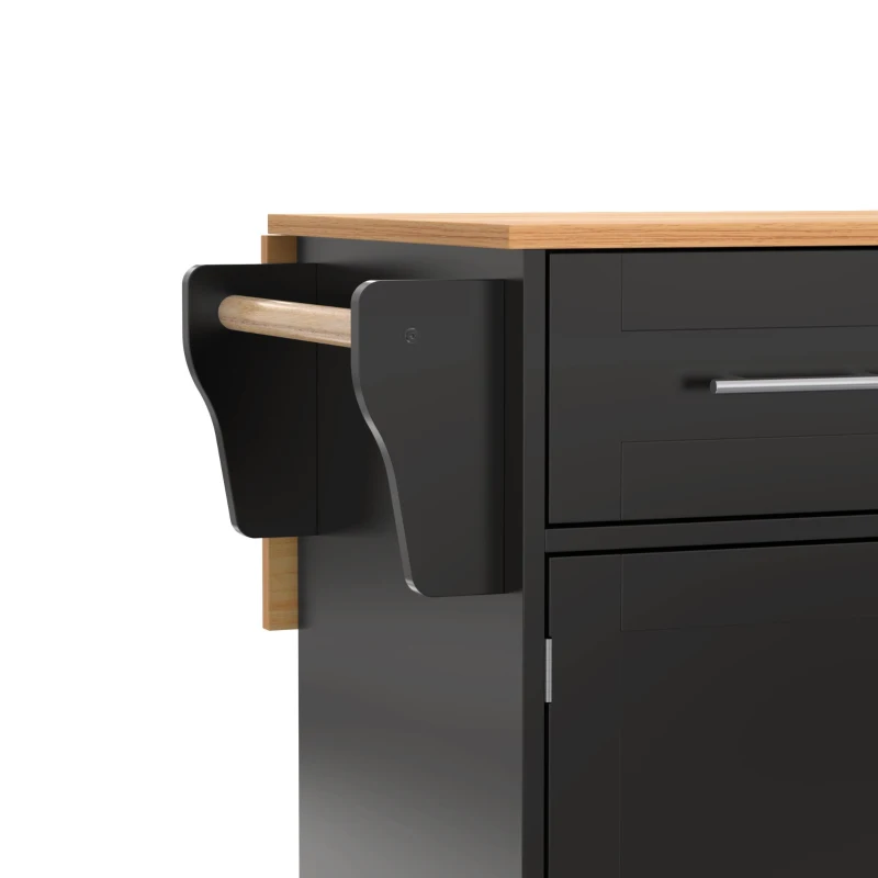 Stylish Kitchen Trolley with Foldable Wood-Grain Countertop, Versatile Buffet with Interchangeable Wheels, 139L x 46W x 91H cm, Black+Natural
