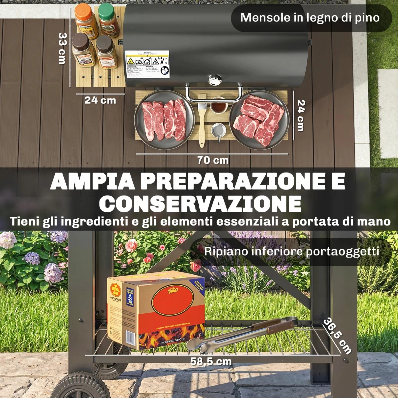 Outsunny Barbecue a Carbone con Griglia Regolabile, Ripiani Pieghevoli, Termometro e Ruote. Nero