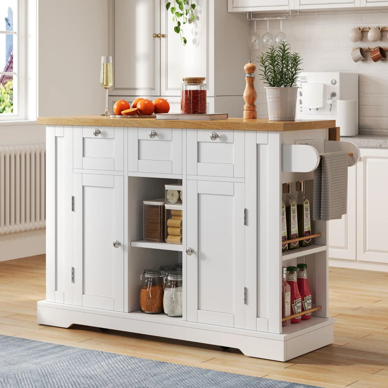 Versatile Kitchen Island with 3 Drawers and 2‑Door Cupboards, Practical Trolley with Extendable Worktop, 132L x 70W x 87H cm, White+Natural