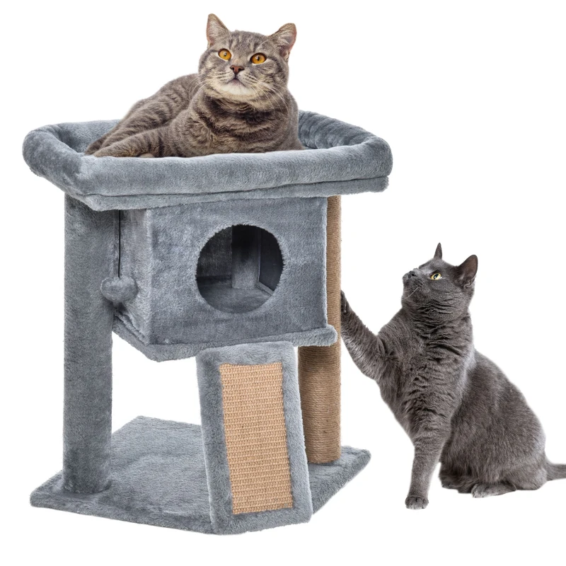 PawHut Arranhador para Gatos Pequenos Arranhador para Gatos com Poste de Juta Rampa Caverna e Bola Suspensa 40x40x57 cm Cinza