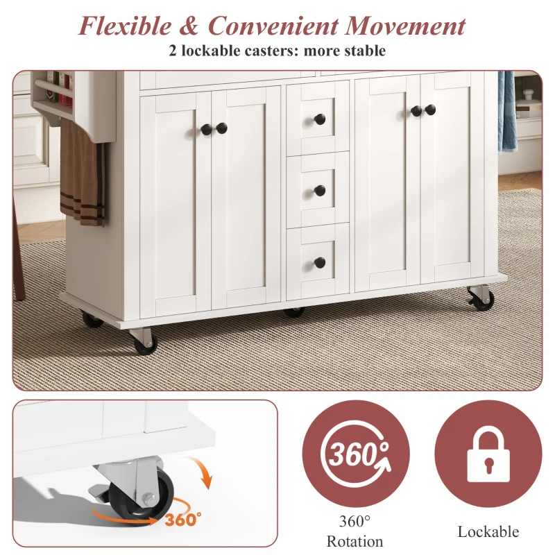 Versatile Kitchen Trolley with Extendable Worktop and 5 Drawers, Sturdy Buffet with Lockable Castors, 140L x 65W x 89H cm, White+Natural