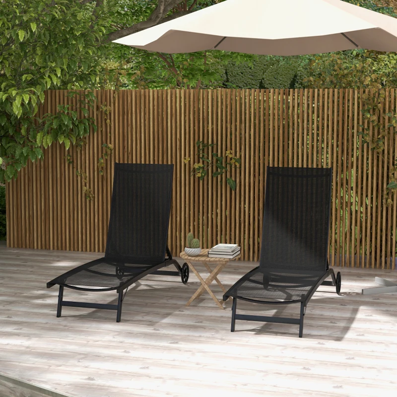 Outsunny Set de 2 șezlonguri din aluminiu și textilenă cu roți, spătar înclinabil, greutate max. 150 kg, negru