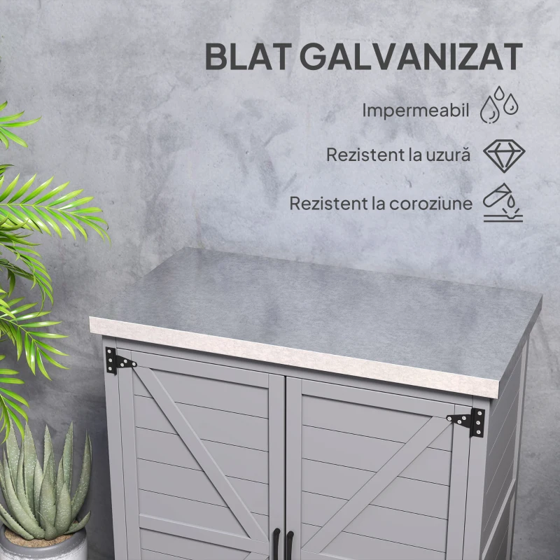 Outsunny - Dulap de Depozitare pentru Exterior, Cutie de Depozitare din Lemn cu Blat Metalic și Rafturi, Banc de Lucru pentru Grădină cu Uși Duble, Gri