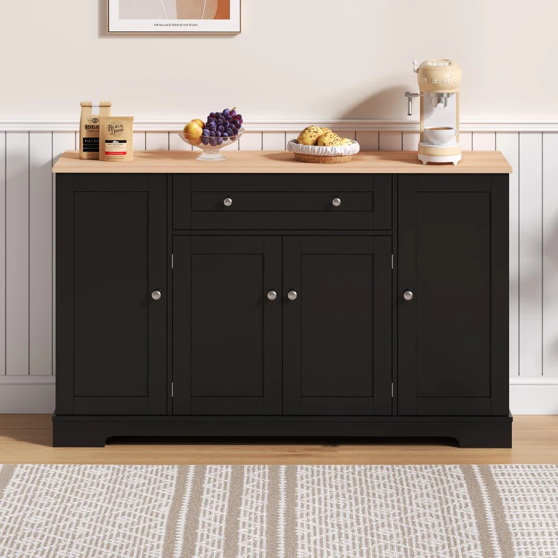Multifunctional Kitchen Sideboard with Double-Door Compartment, Spacious Cabinet with Adjustable Shelves, 138L x 40W x 85H cm, Black