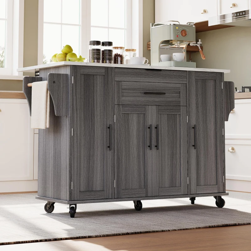 Versatile Kitchen Trolley with Fold-Out Worktop and Lockable Castors, Spacious Kitchen Island with Cabinets, 136L x 70W x 92H cm, Gray