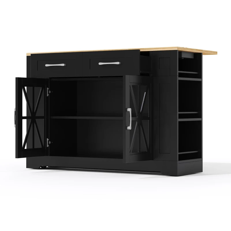 Mobile Kitchen Island with Foldable Tabletop and Sockets, Storage Buffet with Adjustable Shelves, 120L x 65W x 92H cm, Black+Natural