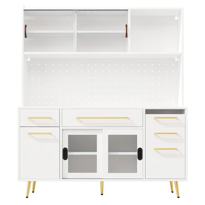 Trendy Sideboard with App-Controlled LED and MDF Pegboard, Tall Storage Cabinet with Sliding Door, 45L x 39W x 171H cm, White