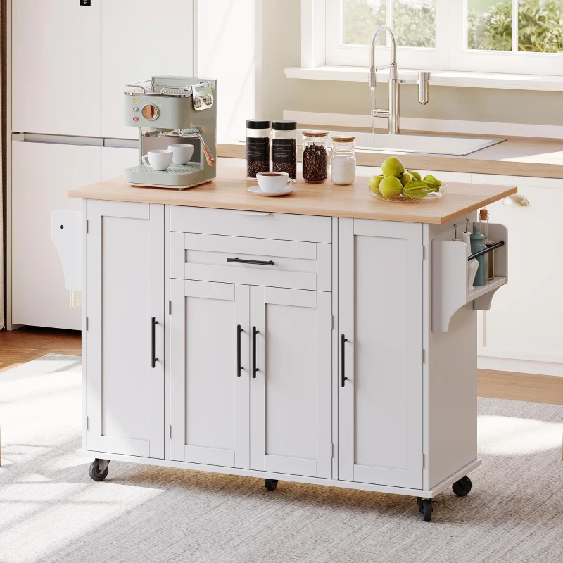 Versatile Kitchen Trolley with Fold-Out Worktop, Spacious Storage Island with Double-Door Cabinets, 136L x 70W x 92H cm, White+Natural