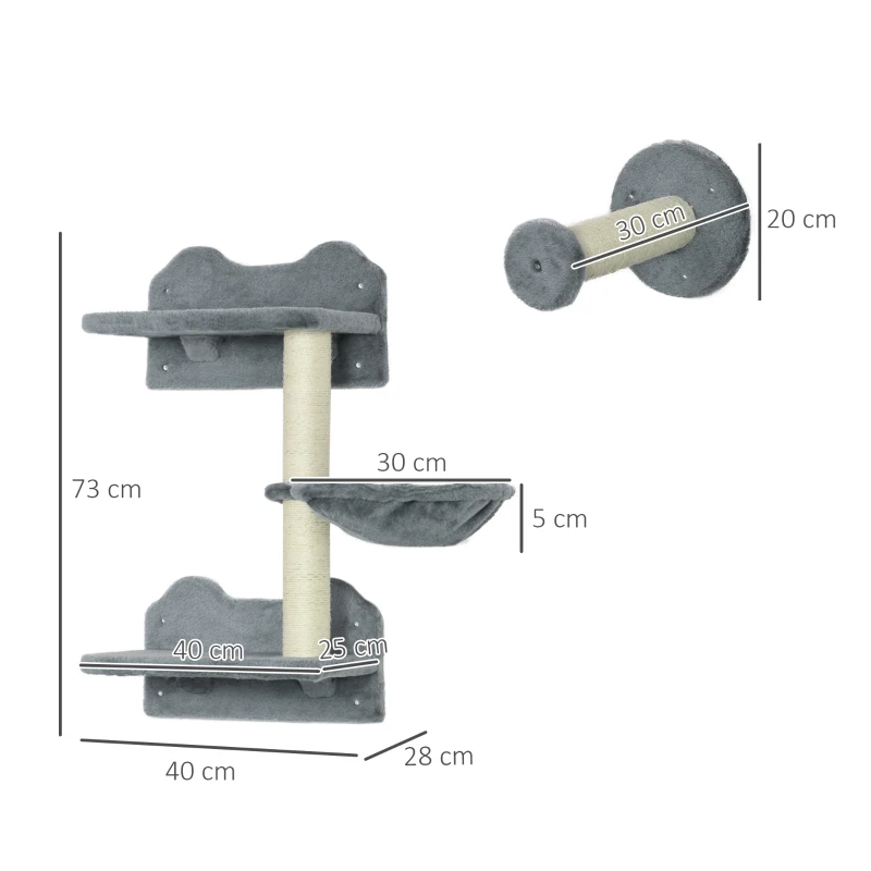 PawHut Gradini da arrampicata con Scala, tiragraffi e amaca per gatti, 40x28x73 cm, grigio e crema