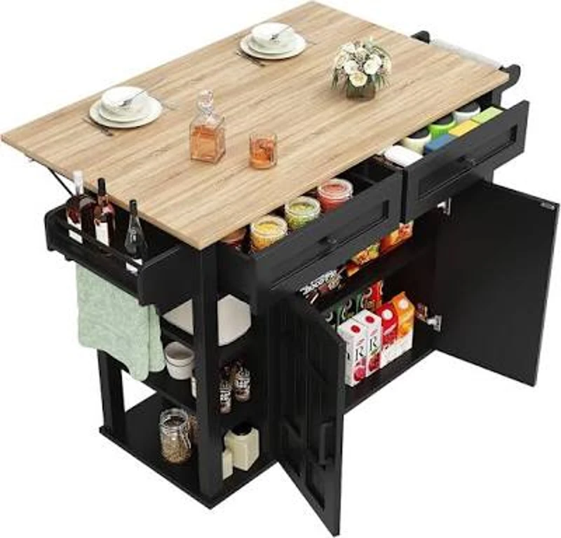 Sleek Kitchen Trolley with 2 Drawers and Cabinets, Mobile Kitchen Island with Foldable Tabletop, 129L x 46W x 91.5H cm, Black+Natural