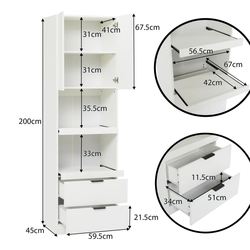 Freestanding Pantry Cabinet with 2 Open Sliding Shelves, Multifunctional Sideboard for Dining & Living Rooms, 59.5L x 45W x 200H cm, White