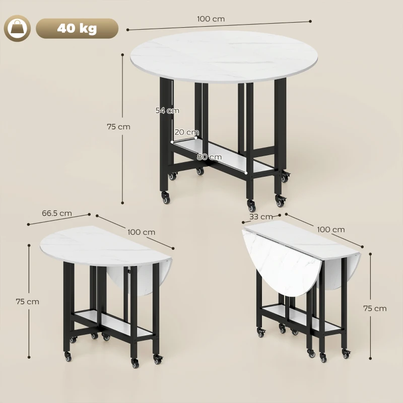 HOMCOM Folding Dining Table, Drop Leaf Table with Open Shelf, Rolling Kitchen Table for Dining Room, Small Spaces, White Marble
